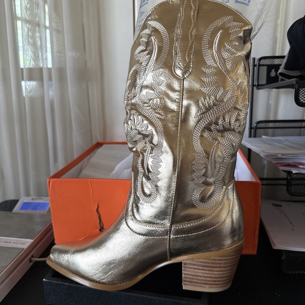 Mid Calf Metallic Cowboy Boots Western  Embroidered Cowgirl Gold Sz 7 New.‎ 3966
